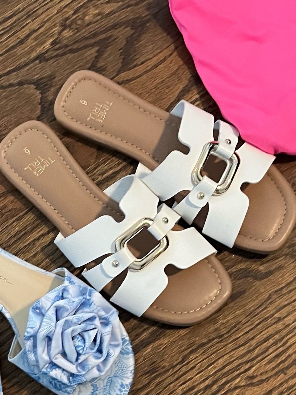 Two Pairs of Women's Slide Sandals - White & Light Blue